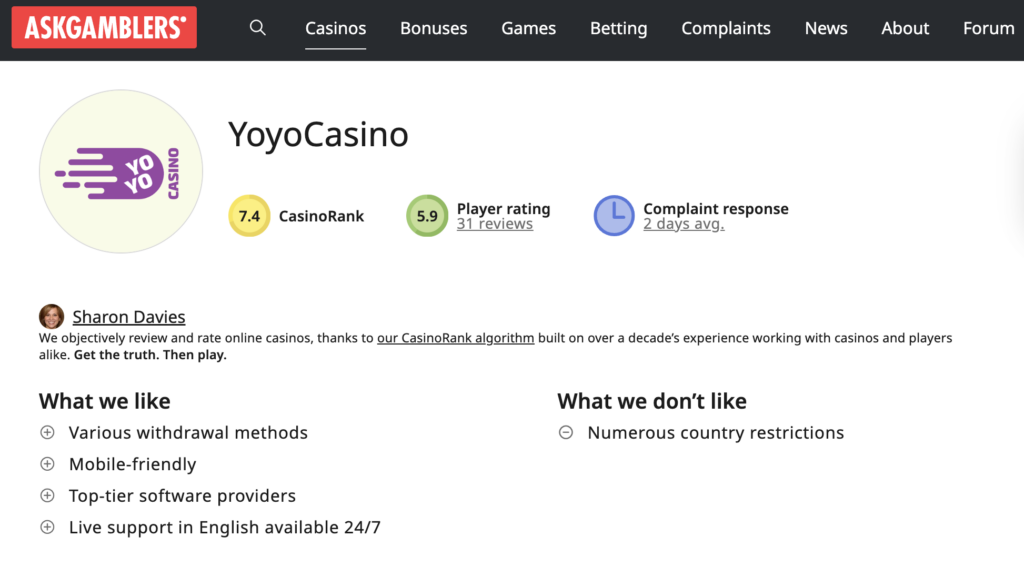 Askgamblers' YoYo casino review