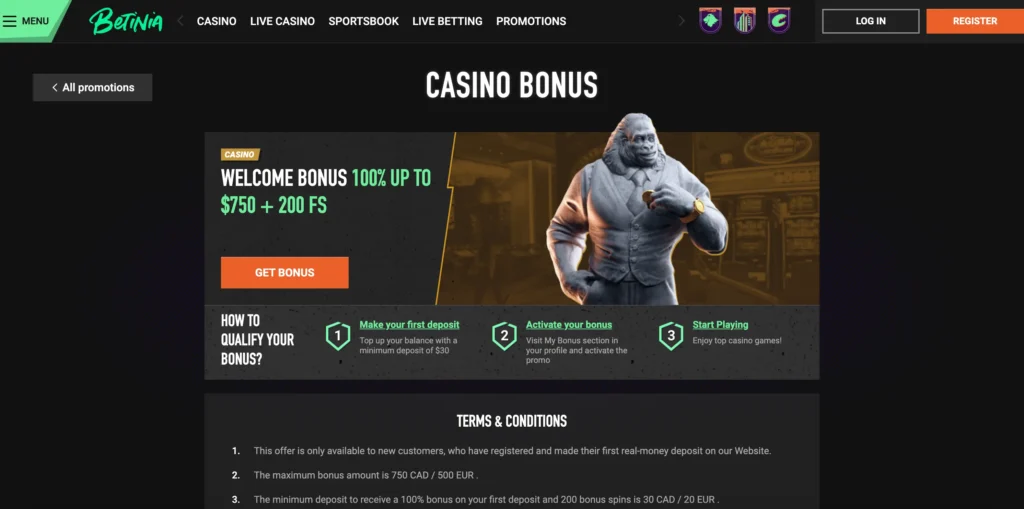 Betinia welcome bonus