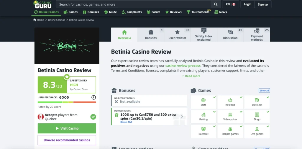 Casino.guru Betinia review