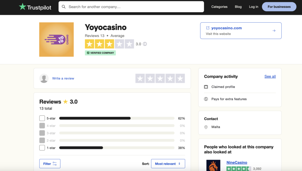 yoyo casino on Trustpilot